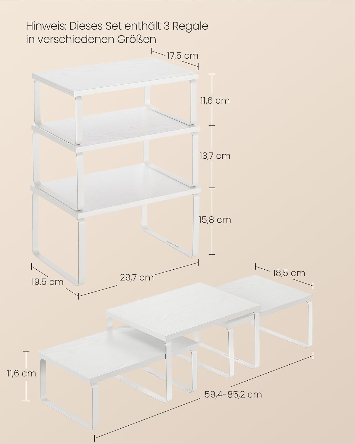 SONGMICS Gewürzregal, 3er Set Küchen-Organizer, Küchenregal, stapelbar, erweiterbar, Metall und Holzwerkstoff, schneeweiß-mattweiß KCS220W01