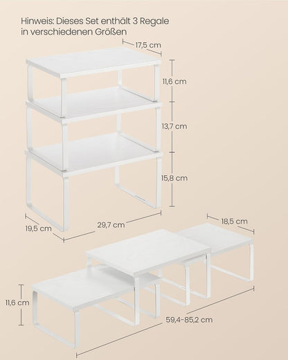 SONGMICS Gewürzregal, 3er Set Küchen-Organizer, Küchenregal, stapelbar, erweiterbar, Metall und Holzwerkstoff, schneeweiß-mattweiß KCS220W01