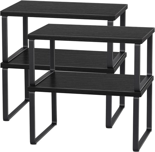CADUKE Set mit 4 Küchenthekenregalen, stapelbares Regal-Organizer, stapelbares Holz-Arbeitsplattenregal, Arbeitsplatten-Aufbewahrungsregal für Speisekammer, industriell schwarz