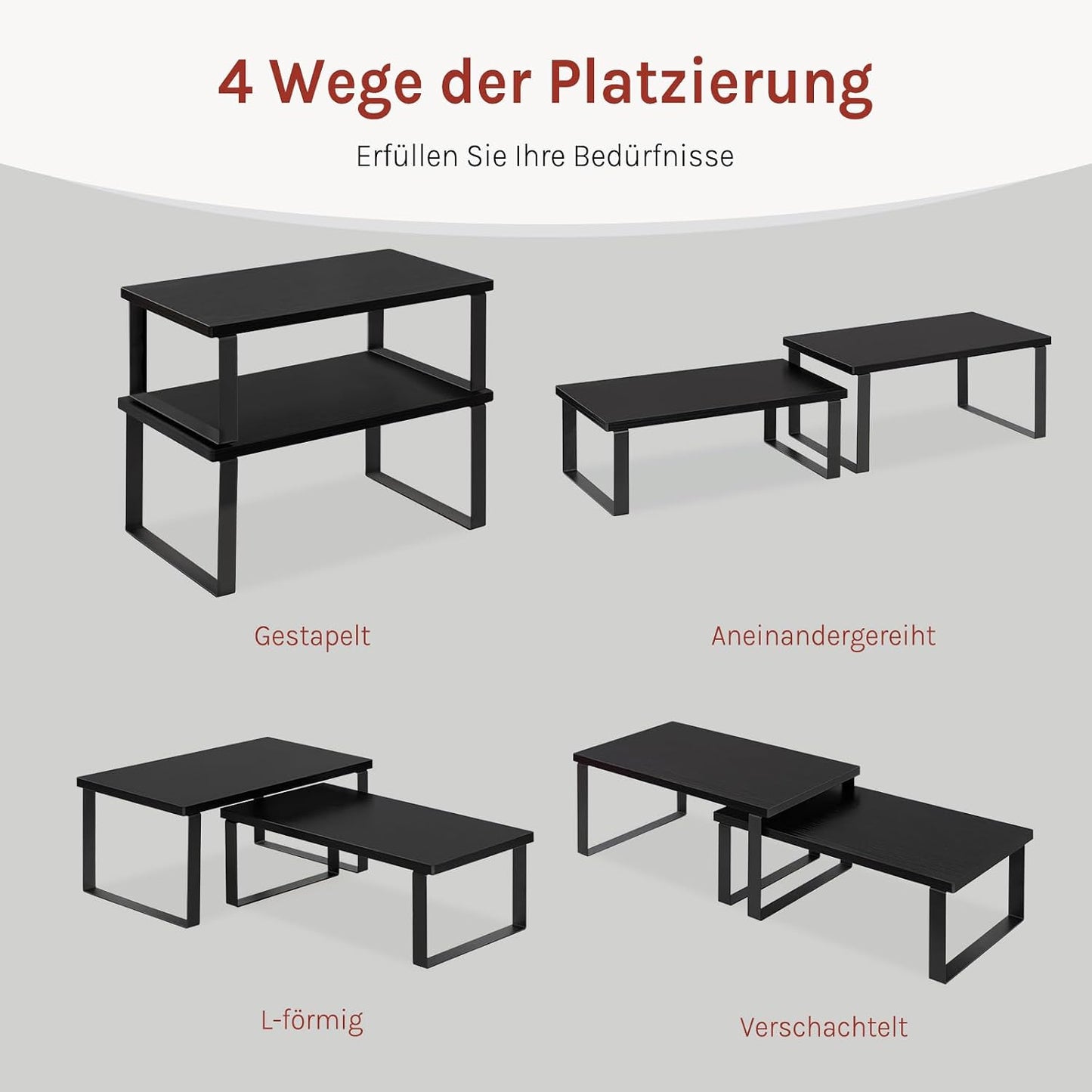 WOLTU Gewürzregal 2er Set, Stapelbares Küchenregal Arbeitsplatte, Kleines Küchen-Organizer für den Küchenschrank, aus MDF und Metall, Schwarz