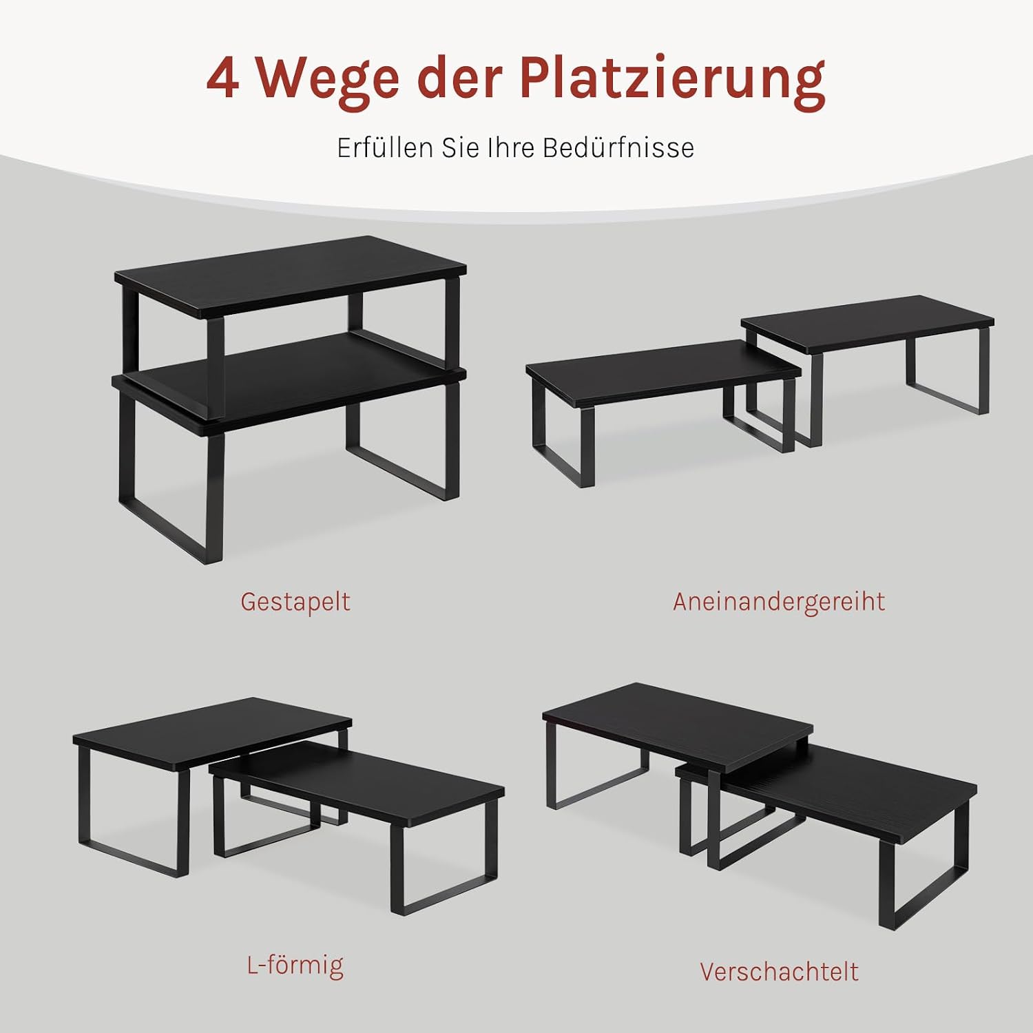 WOLTU Gewürzregal 2er Set, Stapelbares Küchenregal Arbeitsplatte, Kleines Küchen-Organizer für den Küchenschrank, aus MDF und Metall, Schwarz