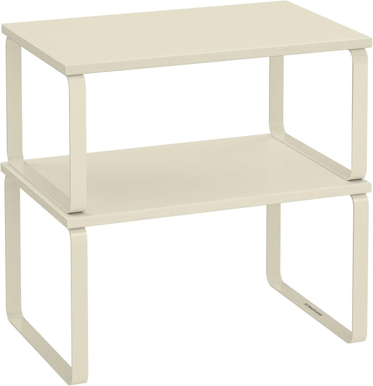 SONGMICS Gewürzregal, 2er Set Küchen-Organizer, Küchenregal, Schrank-Organizer Küche, erweiterbar, kleines Regal, stapelbar, Metall und Holzwerkstoff, cremeweiß KCS002W02