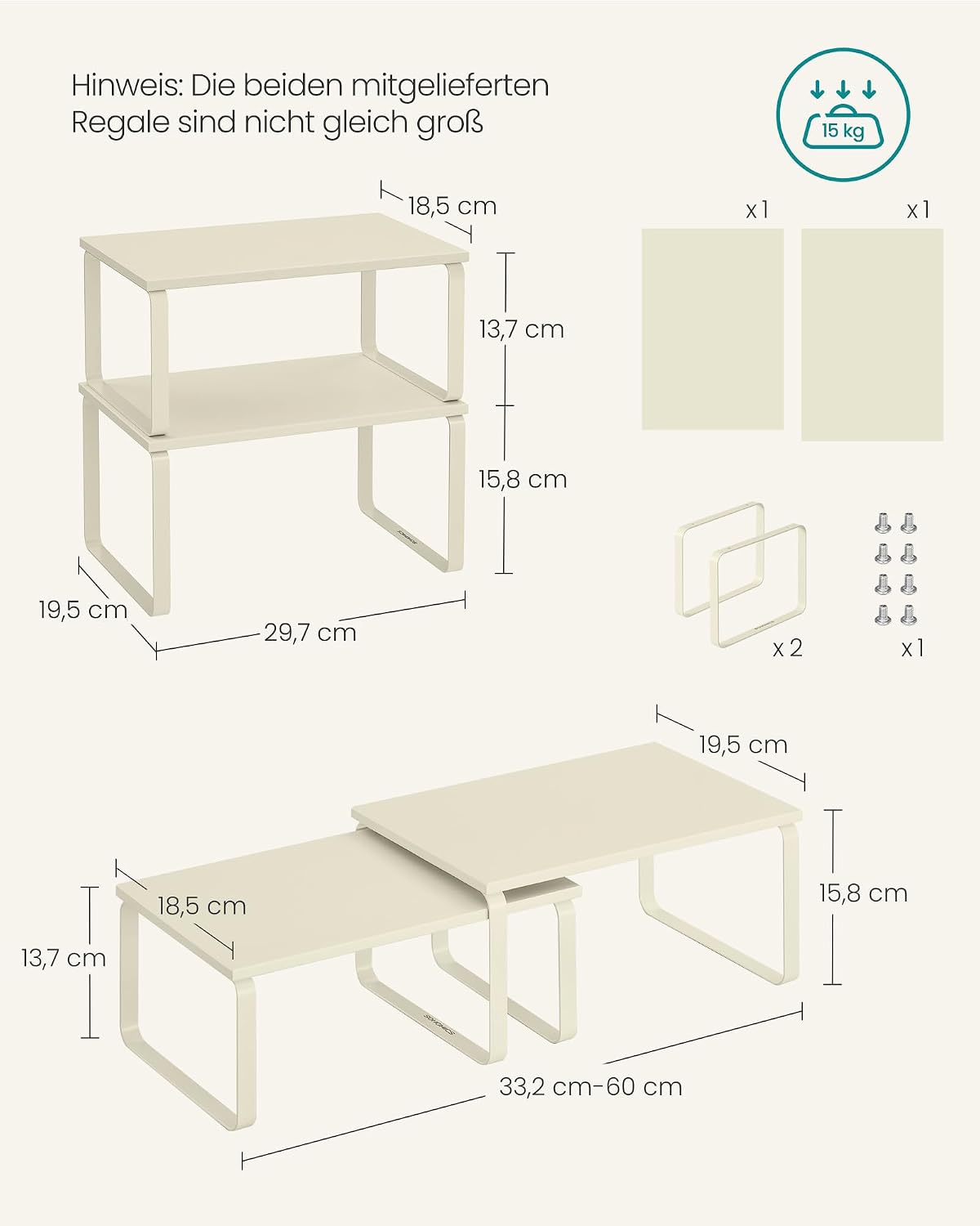 SONGMICS Gewürzregal, 2er Set Küchen-Organizer, Küchenregal, Schrank-Organizer Küche, erweiterbar, kleines Regal, stapelbar, Metall und Holzwerkstoff, cremeweiß KCS002W02