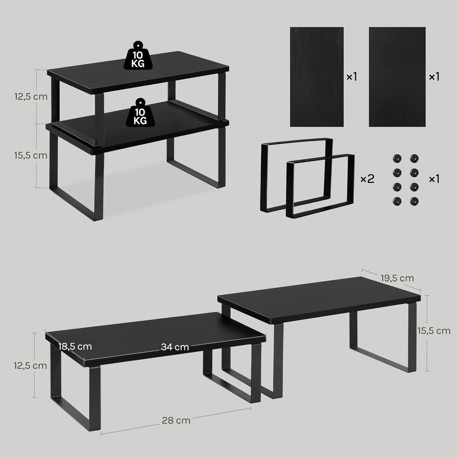 WOLTU Gewürzregal 2er Set, Stapelbares Küchenregal Arbeitsplatte, Kleines Küchen-Organizer für den Küchenschrank, aus MDF und Metall, Schwarz
