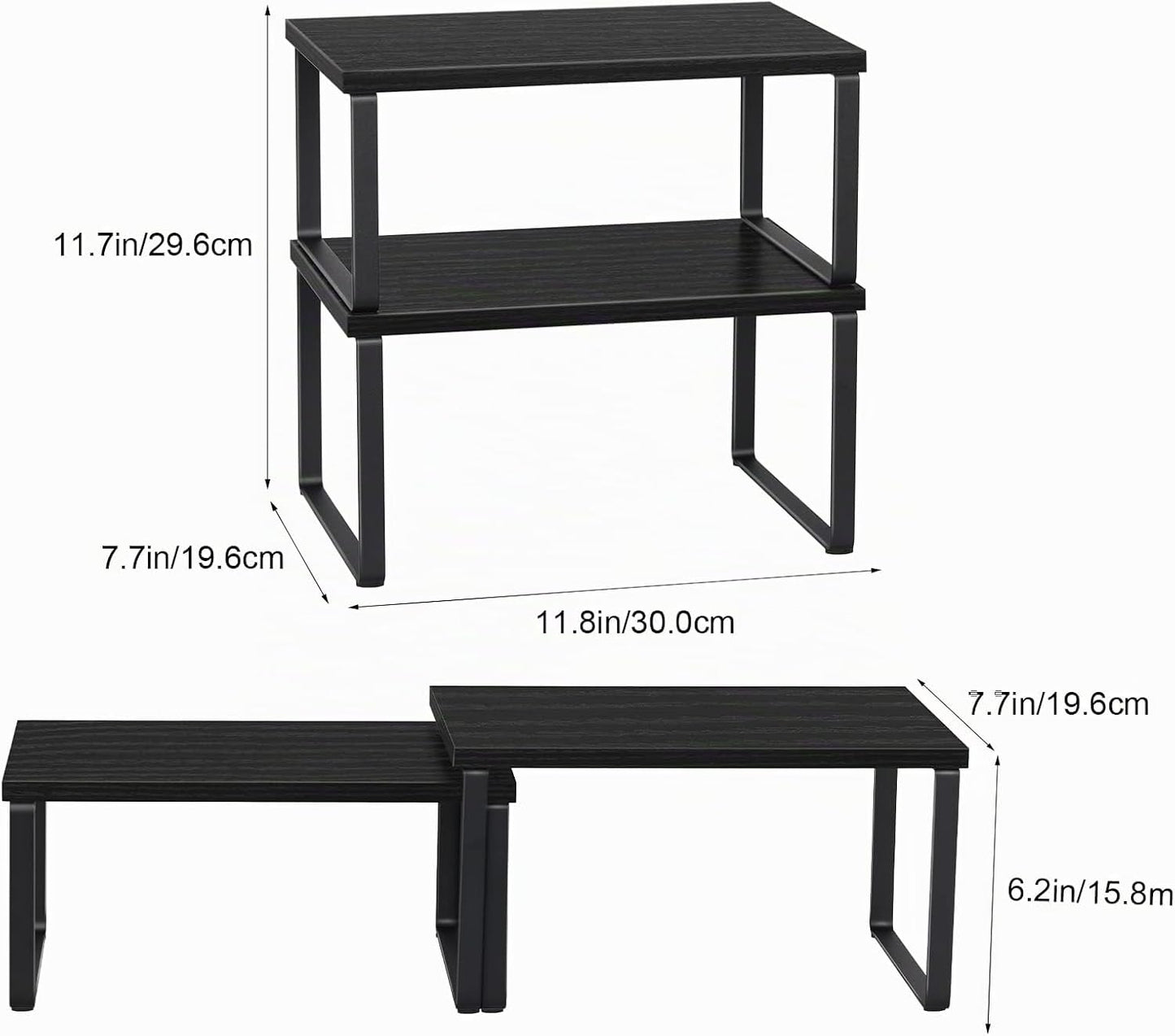 CADUKE Set mit 4 Küchenthekenregalen, stapelbares Regal-Organizer, stapelbares Holz-Arbeitsplattenregal, Arbeitsplatten-Aufbewahrungsregal für Speisekammer, industriell schwarz