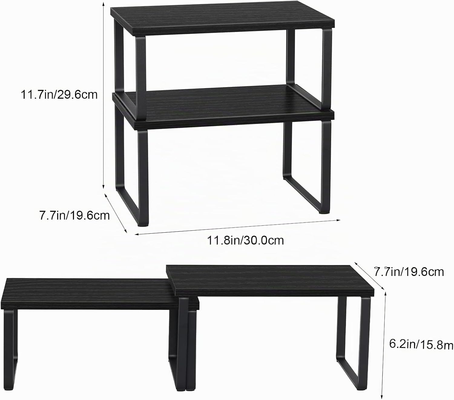 CADUKE Set mit 4 Küchenthekenregalen, stapelbares Regal-Organizer, stapelbares Holz-Arbeitsplattenregal, Arbeitsplatten-Aufbewahrungsregal für Speisekammer, industriell schwarz