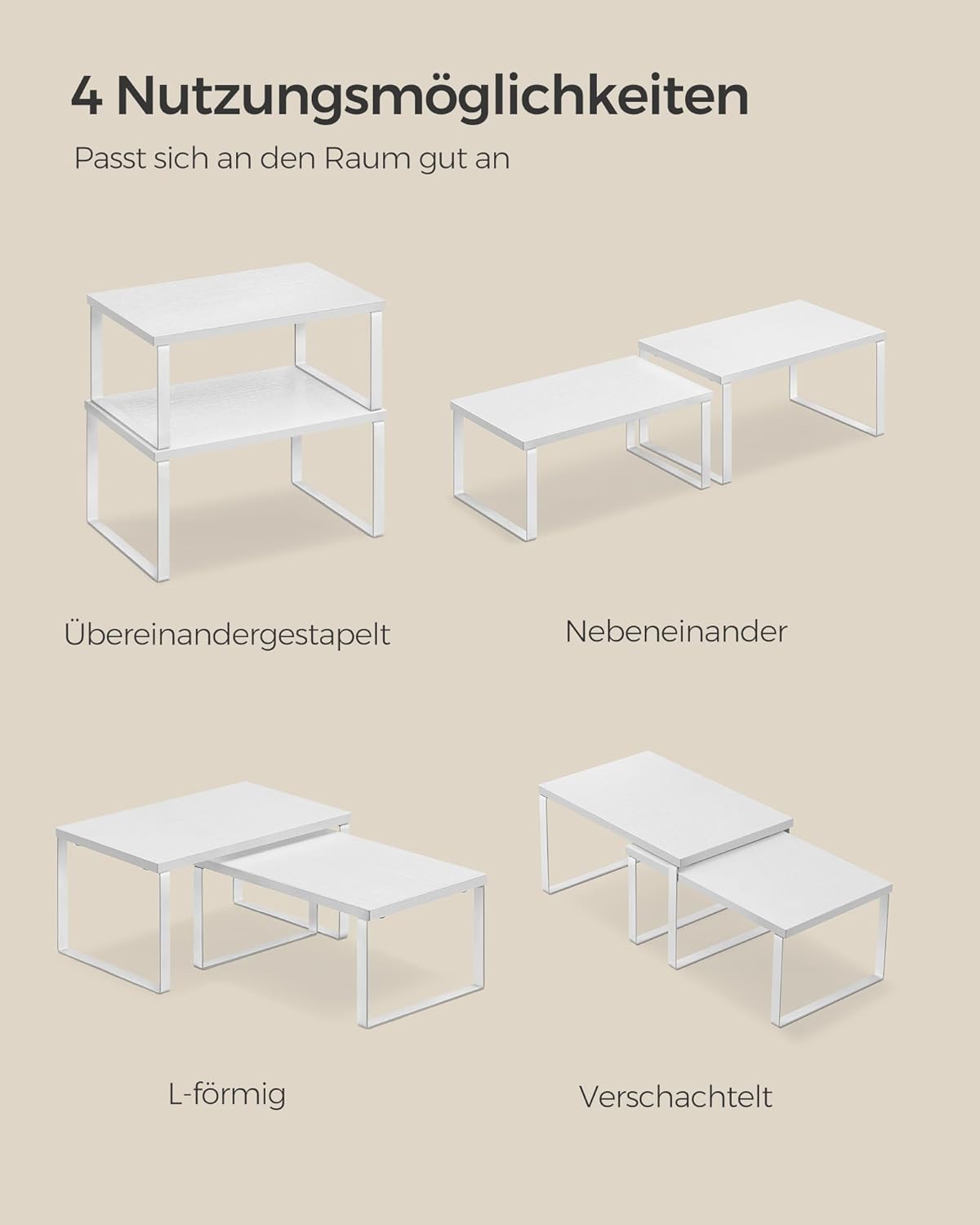 SONGMICS Gewürzregal, 2er Set Küchen-Organizer, Küchenregal, Schrank-Organizer Küche, erweiterbar, kleines Regal, stapelbar, Metall und Holzwerkstoff, wolkenweiß-schneeweiß KCS02W01