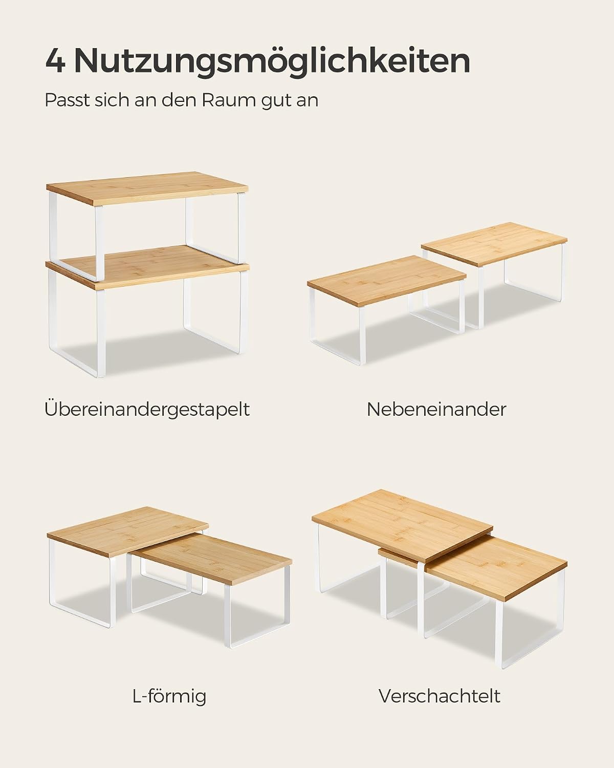 SONGMICS Gewürzregal, 2er Set Küchen-Organizer, Küchenregal, Schrank-Organizer Küche, erweiterbar, kleines Regal, stapelbar, Metall und Holzwerkstoff, wolkenweiß-naturbeige KCS02NW