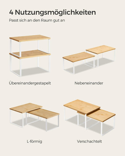 SONGMICS Gewürzregal, 2er Set Küchen-Organizer, Küchenregal, Schrank-Organizer Küche, erweiterbar, kleines Regal, stapelbar, Metall und Holzwerkstoff, wolkenweiß-naturbeige KCS02NW