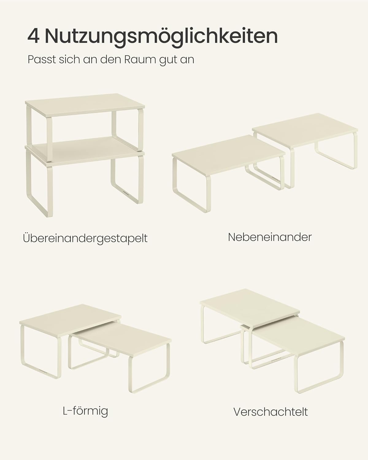 SONGMICS Gewürzregal, 2er Set Küchen-Organizer, Küchenregal, Schrank-Organizer Küche, erweiterbar, kleines Regal, stapelbar, Metall und Holzwerkstoff, cremeweiß KCS002W02