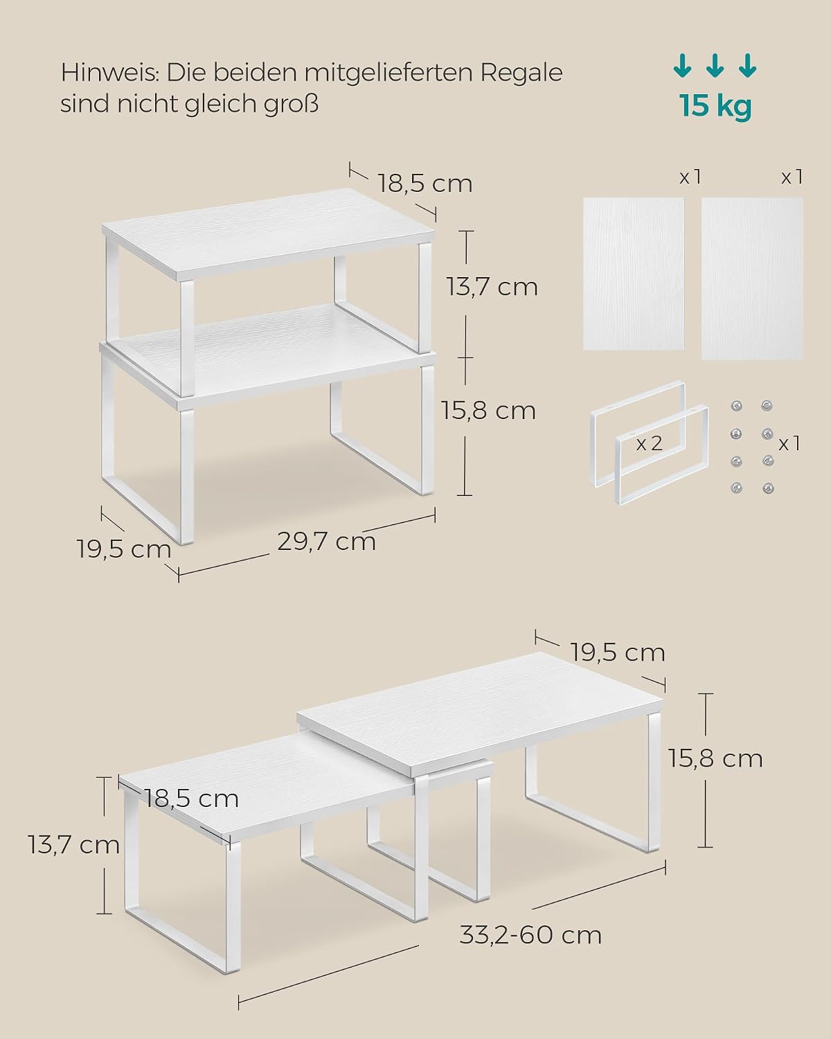 SONGMICS Gewürzregal, 2er Set Küchen-Organizer, Küchenregal, Schrank-Organizer Küche, erweiterbar, kleines Regal, stapelbar, Metall und Holzwerkstoff, wolkenweiß-schneeweiß KCS02W01
