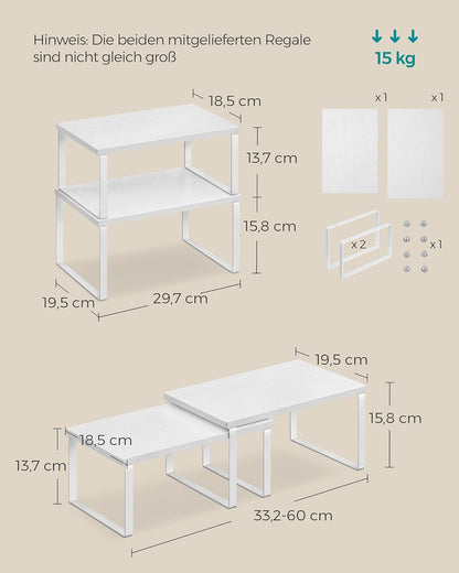 SONGMICS Gewürzregal, 2er Set Küchen-Organizer, Küchenregal, Schrank-Organizer Küche, erweiterbar, kleines Regal, stapelbar, Metall und Holzwerkstoff, wolkenweiß-schneeweiß KCS02W01