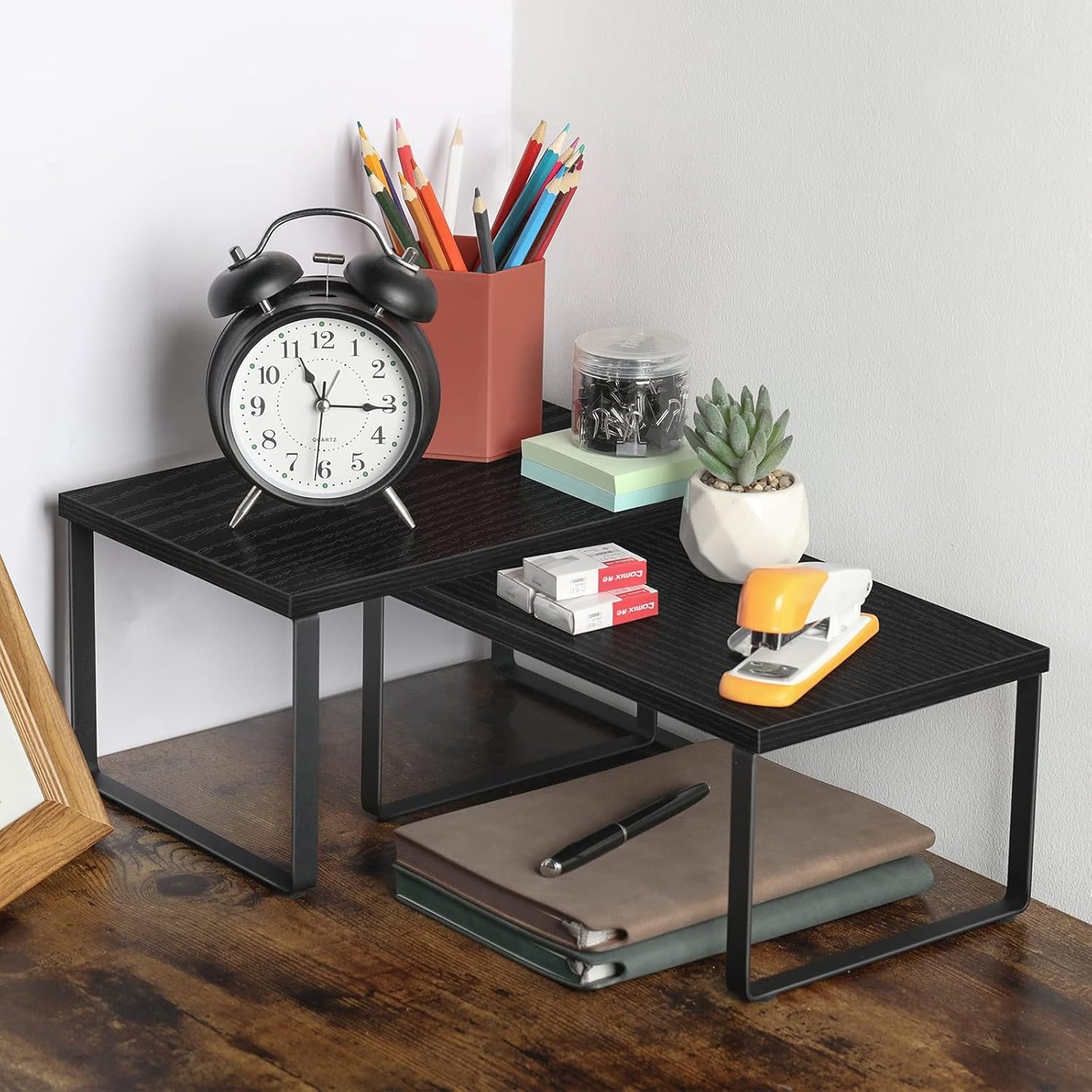 CADUKE Set mit 4 Küchenthekenregalen, stapelbares Regal-Organizer, stapelbares Holz-Arbeitsplattenregal, Arbeitsplatten-Aufbewahrungsregal für Speisekammer, industriell schwarz