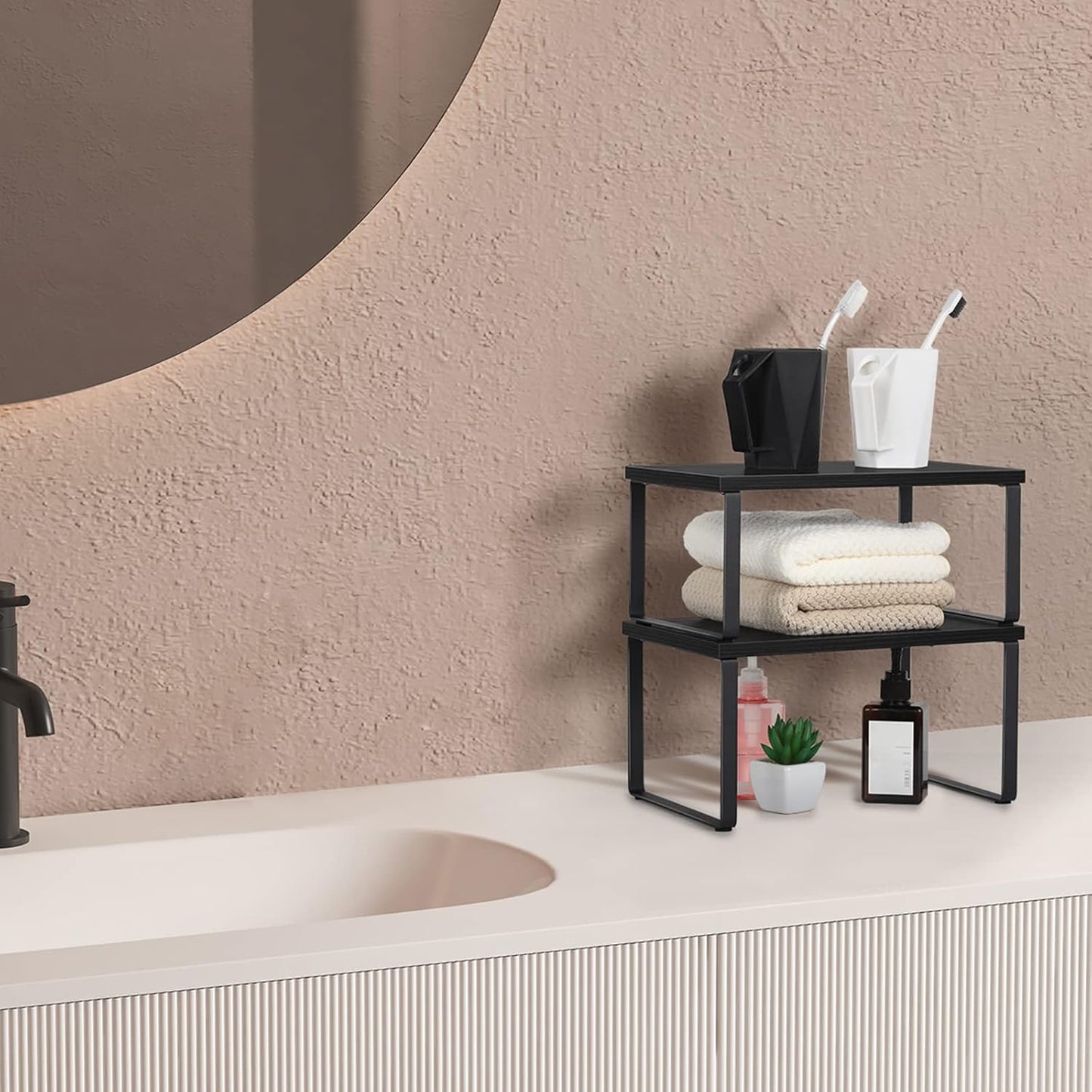 CADUKE Set mit 4 Küchenthekenregalen, stapelbares Regal-Organizer, stapelbares Holz-Arbeitsplattenregal, Arbeitsplatten-Aufbewahrungsregal für Speisekammer, industriell schwarz