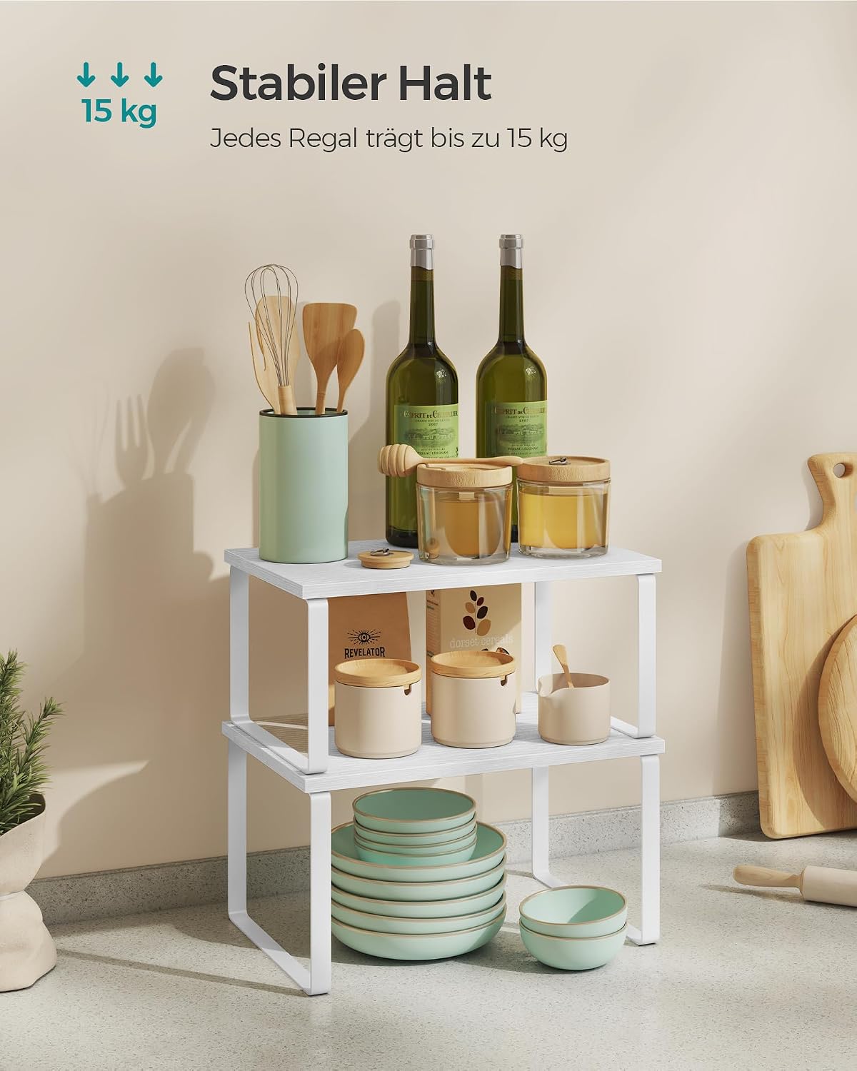 SONGMICS Gewürzregal, 2er Set Küchen-Organizer, Küchenregal, Schrank-Organizer Küche, erweiterbar, kleines Regal, stapelbar, Metall und Holzwerkstoff, wolkenweiß-schneeweiß KCS02W01