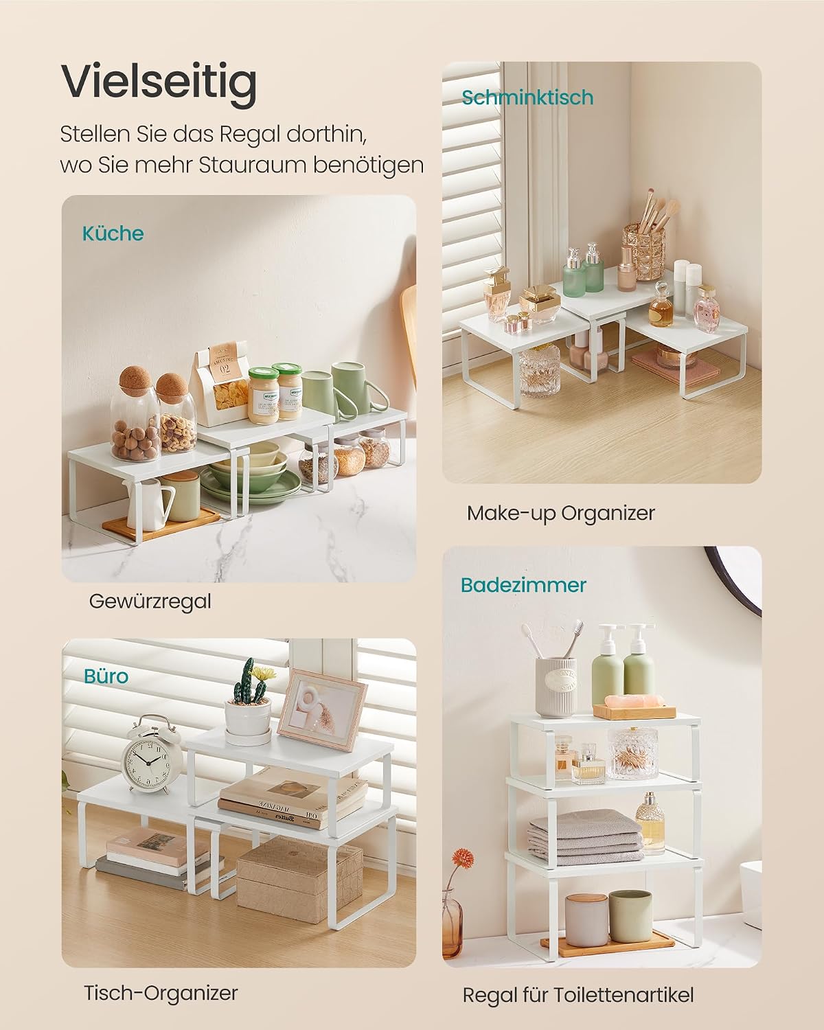 SONGMICS Gewürzregal, 3er Set Küchen-Organizer, Küchenregal, stapelbar, erweiterbar, Metall und Holzwerkstoff, schneeweiß-mattweiß KCS220W01