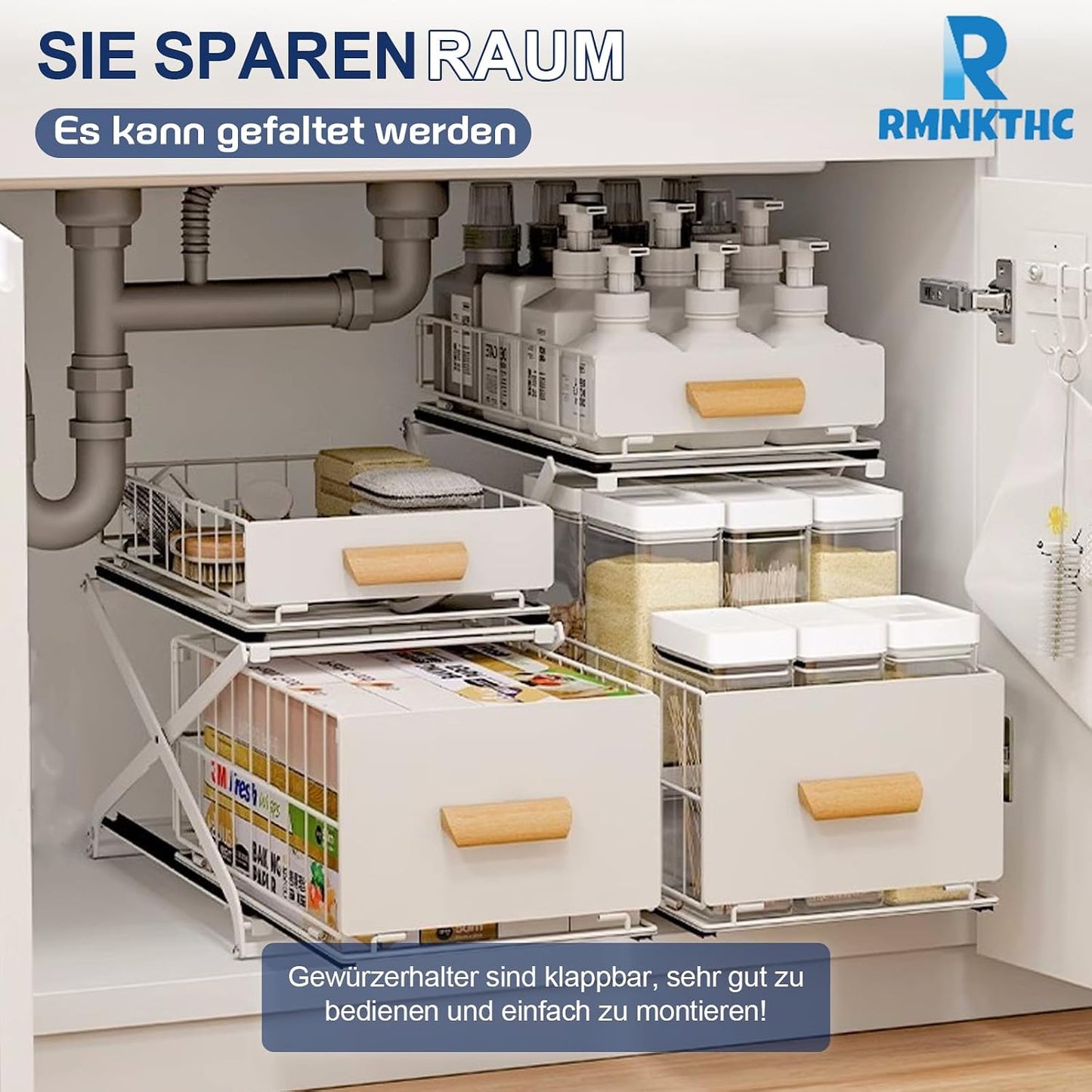 Gewürzregal aus Kohlenstoffstahl, 2 Etagen Standregal Arbeitsplatte Küche Organizer ohne Montage, Ausziehbar, Höhenverstellbar für Gewürze & Flaschen, Weiß