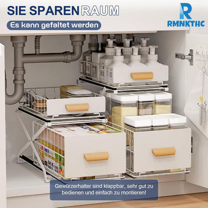 Gewürzregal aus Kohlenstoffstahl, 2 Etagen Standregal Arbeitsplatte Küche Organizer ohne Montage, Ausziehbar, Höhenverstellbar für Gewürze & Flaschen, Weiß