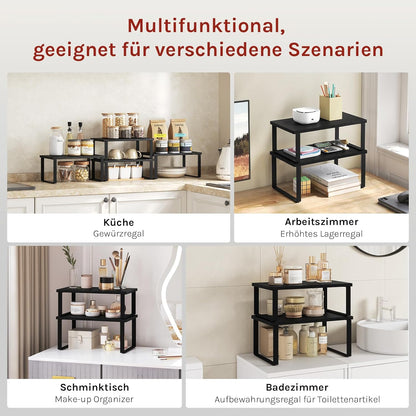 WOLTU Gewürzregal 2er Set, Stapelbares Küchenregal Arbeitsplatte, Kleines Küchen-Organizer für den Küchenschrank, aus MDF und Metall, Schwarz