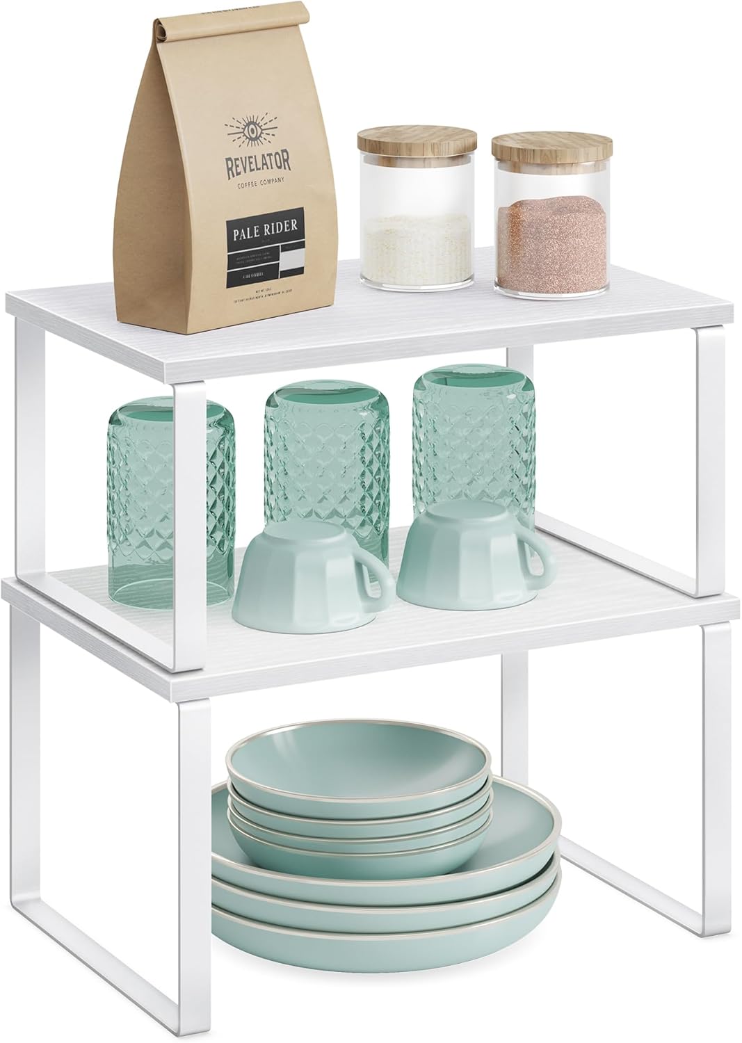 SONGMICS Gewürzregal, 2er Set Küchen-Organizer, Küchenregal, Schrank-Organizer Küche, erweiterbar, kleines Regal, stapelbar, Metall und Holzwerkstoff, wolkenweiß-schneeweiß KCS02W01