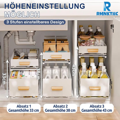 Gewürzregal aus Kohlenstoffstahl, 2 Etagen Standregal Arbeitsplatte Küche Organizer ohne Montage, Ausziehbar, Höhenverstellbar für Gewürze & Flaschen, Weiß
