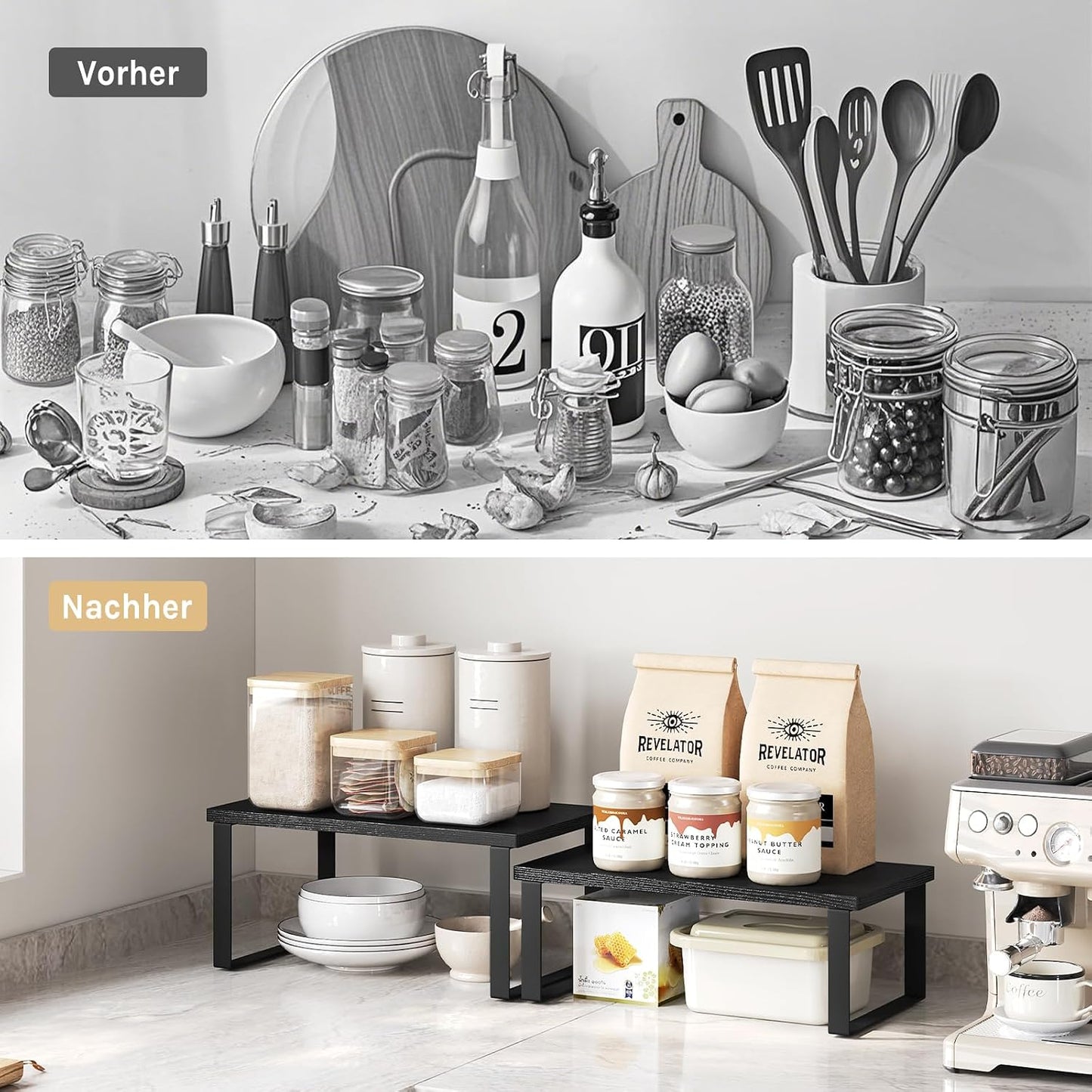 WOLTU Gewürzregal 2er Set, Stapelbares Küchenregal Arbeitsplatte, Kleines Küchen-Organizer für den Küchenschrank, aus MDF und Metall, Schwarz