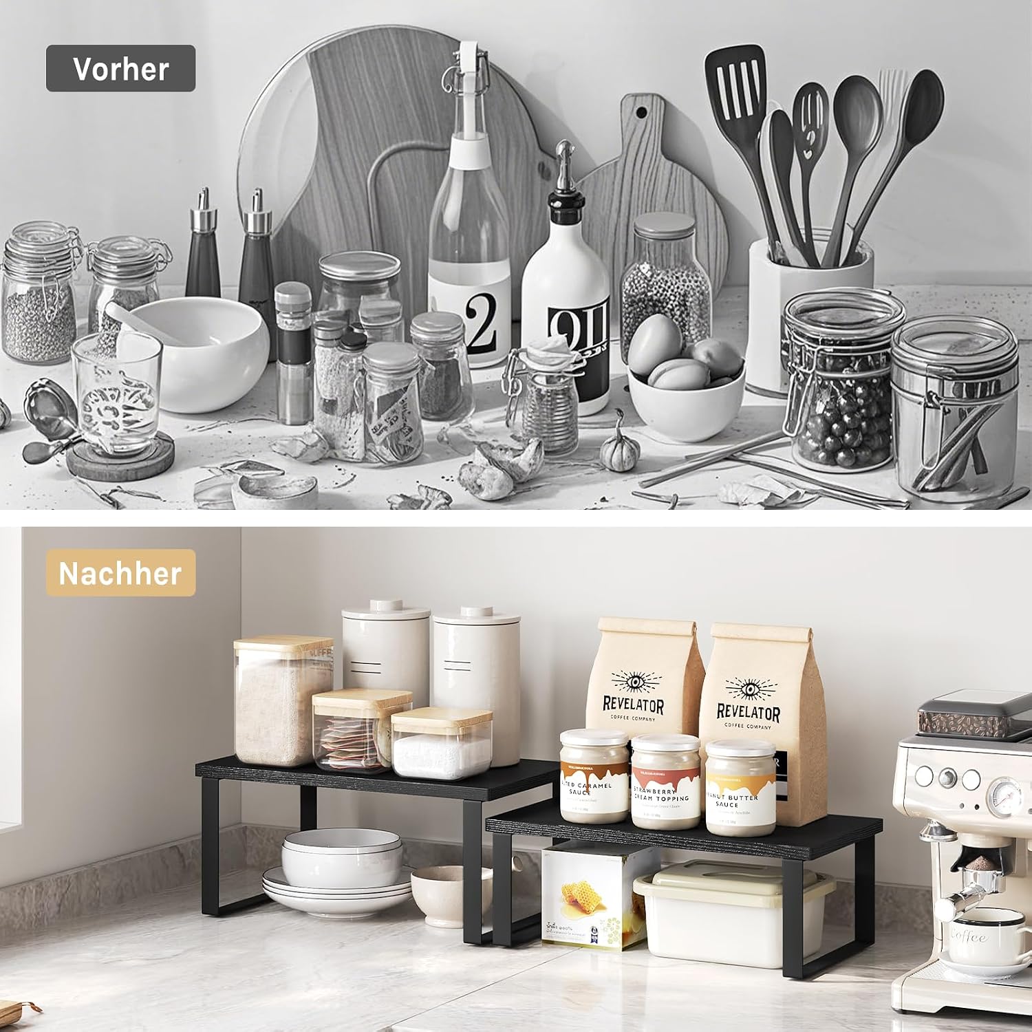 WOLTU Gewürzregal 2er Set, Stapelbares Küchenregal Arbeitsplatte, Kleines Küchen-Organizer für den Küchenschrank, aus MDF und Metall, Schwarz