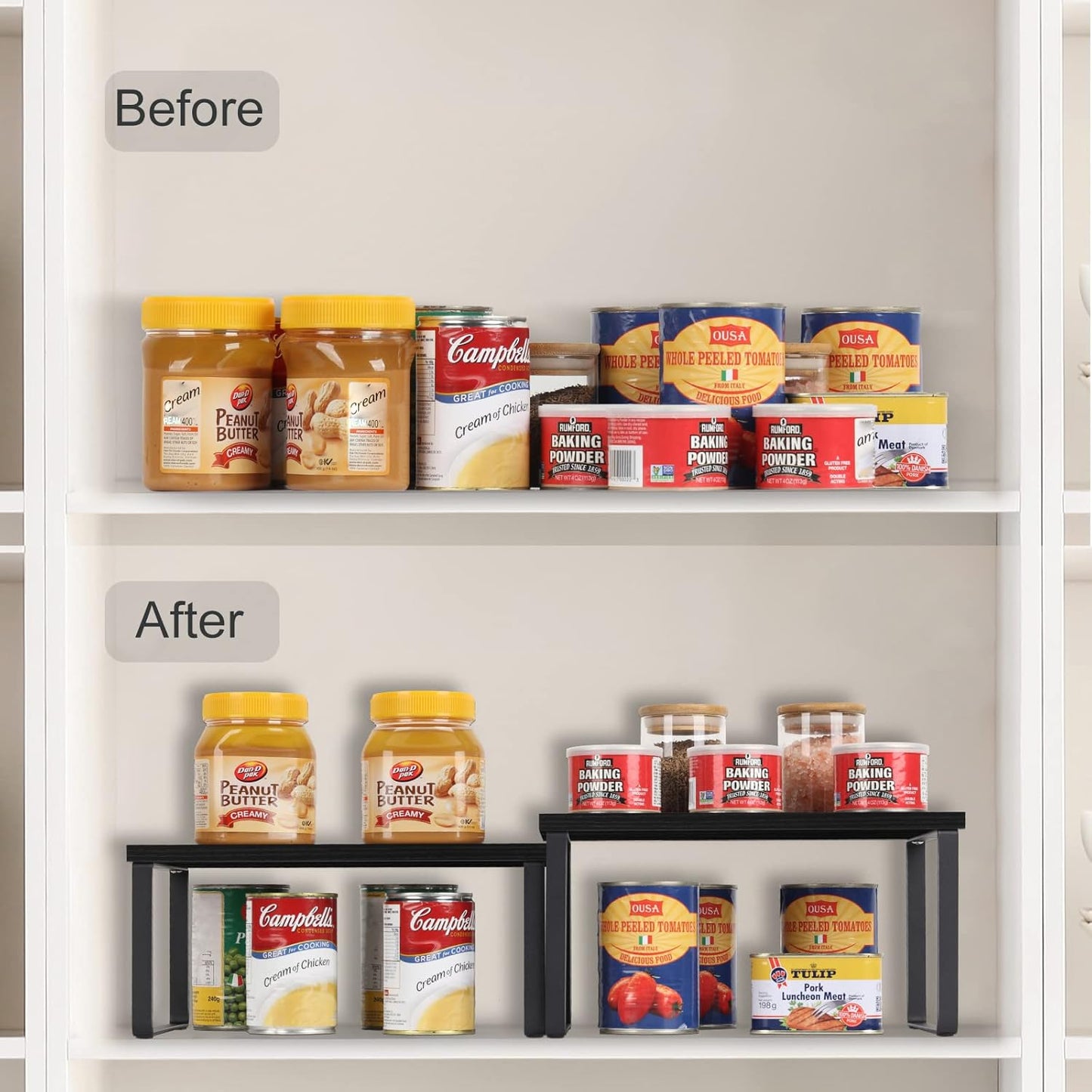 CADUKE Set mit 4 Küchenthekenregalen, stapelbares Regal-Organizer, stapelbares Holz-Arbeitsplattenregal, Arbeitsplatten-Aufbewahrungsregal für Speisekammer, industriell schwarz