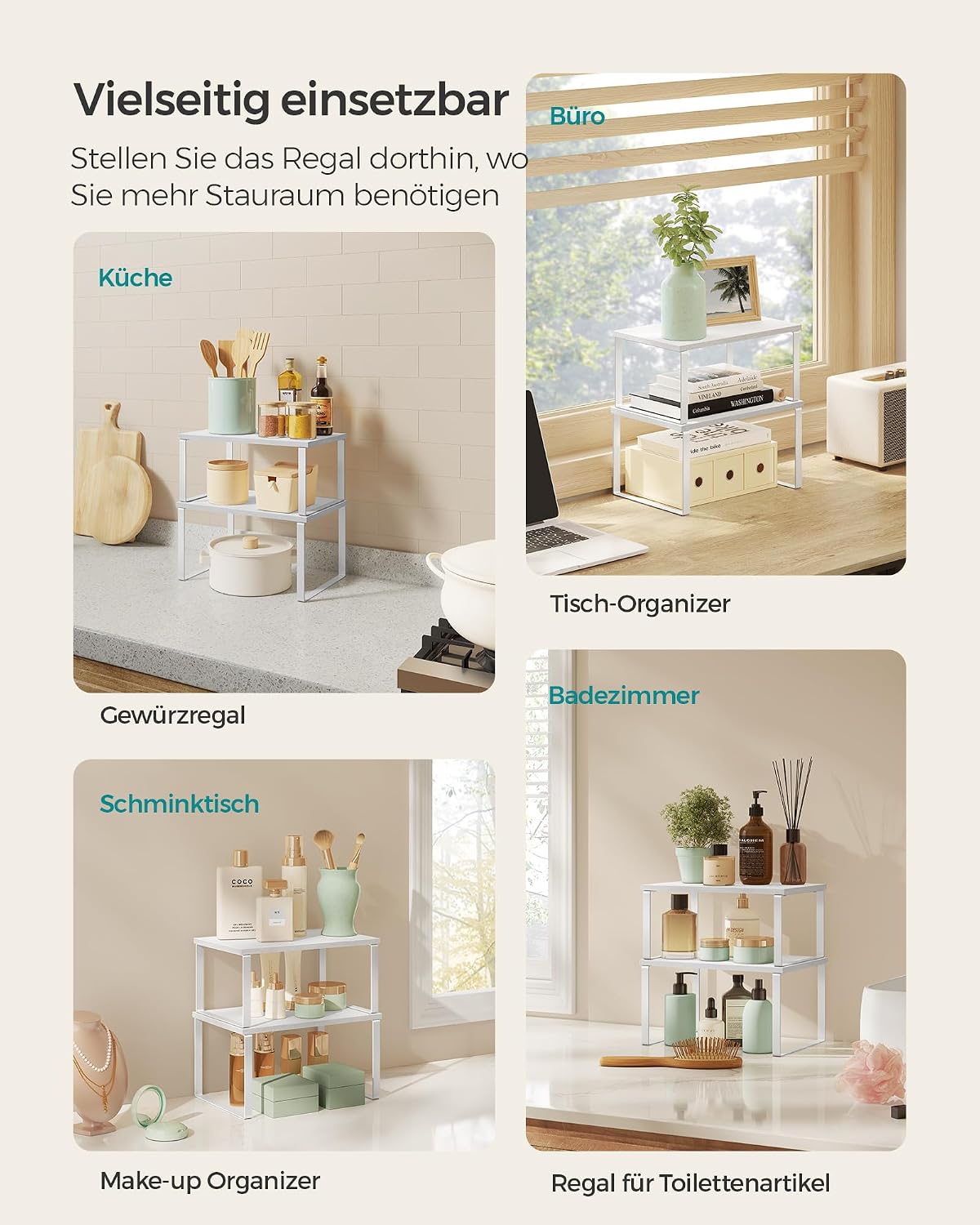 SONGMICS Gewürzregal, 2er Set Küchen-Organizer, Küchenregal, Schrank-Organizer Küche, erweiterbar, kleines Regal, stapelbar, Metall und Holzwerkstoff, wolkenweiß-schneeweiß KCS02W01