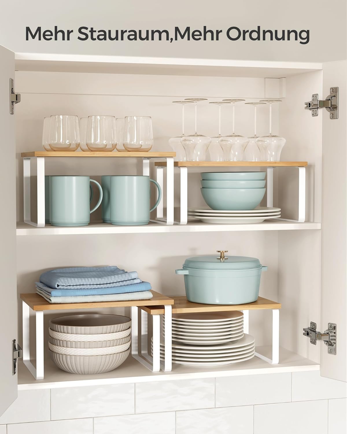 SONGMICS Gewürzregal, 2er Set Küchen-Organizer, Küchenregal, Schrank-Organizer Küche, erweiterbar, kleines Regal, stapelbar, Metall und Holzwerkstoff, wolkenweiß-naturbeige KCS02NW