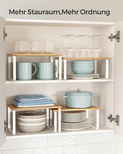 SONGMICS Gewürzregal, 2er Set Küchen-Organizer, Küchenregal, Schrank-Organizer Küche, erweiterbar, kleines Regal, stapelbar, Metall und Holzwerkstoff, wolkenweiß-naturbeige KCS02NW