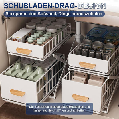 Gewürzregal aus Kohlenstoffstahl, 2 Etagen Standregal Arbeitsplatte Küche Organizer ohne Montage, Ausziehbar, Höhenverstellbar für Gewürze & Flaschen, Weiß