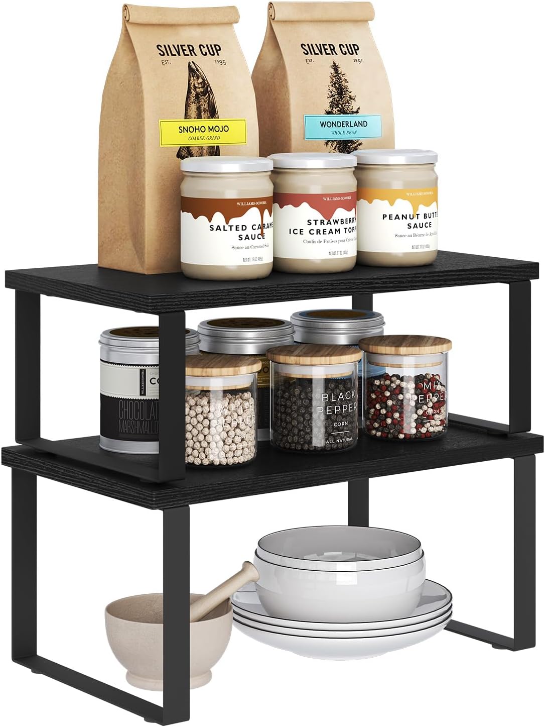 WOLTU Gewürzregal 2er Set, Stapelbares Küchenregal Arbeitsplatte, Kleines Küchen-Organizer für den Küchenschrank, aus MDF und Metall, Schwarz
