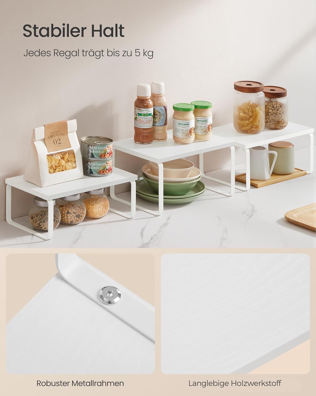 SONGMICS Gewürzregal, 3er Set Küchen-Organizer, Küchenregal, stapelbar, erweiterbar, Metall und Holzwerkstoff, schneeweiß-mattweiß KCS220W01