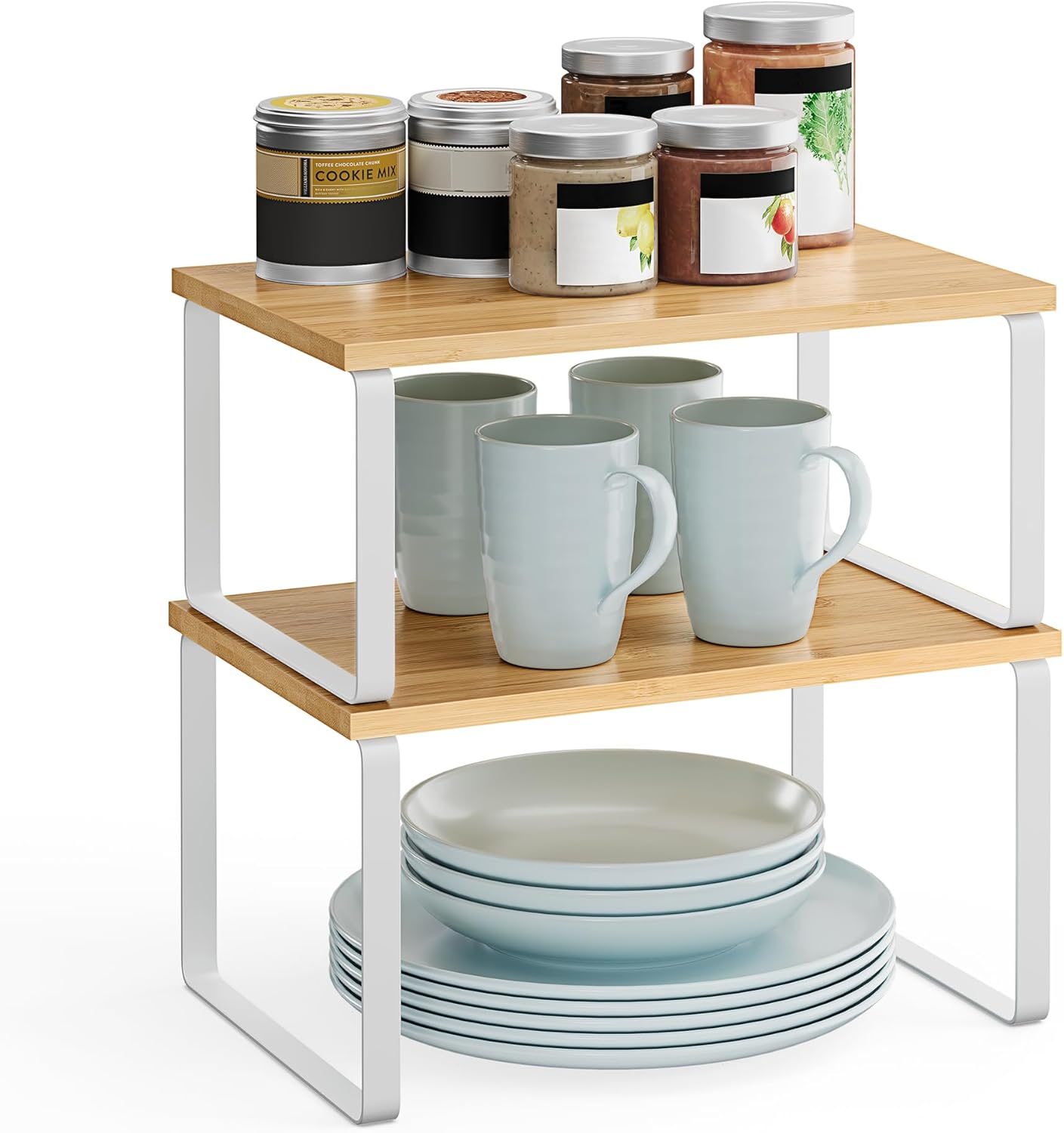 SONGMICS Gewürzregal, 2er Set Küchen-Organizer, Küchenregal, Schrank-Organizer Küche, erweiterbar, kleines Regal, stapelbar, Metall und Holzwerkstoff, wolkenweiß-naturbeige KCS02NW