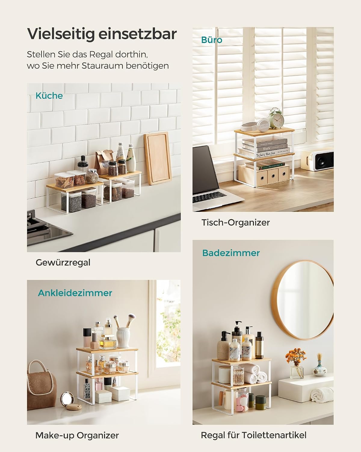 SONGMICS Gewürzregal, 2er Set Küchen-Organizer, Küchenregal, Schrank-Organizer Küche, erweiterbar, kleines Regal, stapelbar, Metall und Holzwerkstoff, wolkenweiß-naturbeige KCS02NW