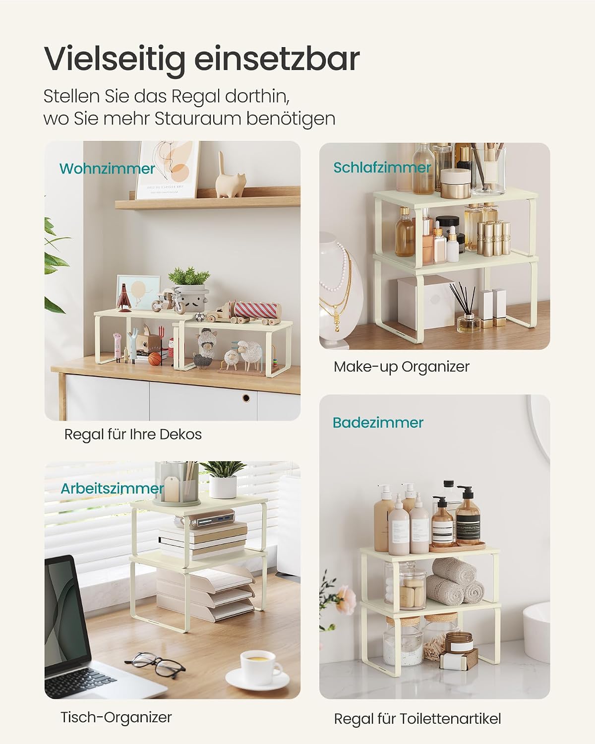 SONGMICS Gewürzregal, 2er Set Küchen-Organizer, Küchenregal, Schrank-Organizer Küche, erweiterbar, kleines Regal, stapelbar, Metall und Holzwerkstoff, cremeweiß KCS002W02