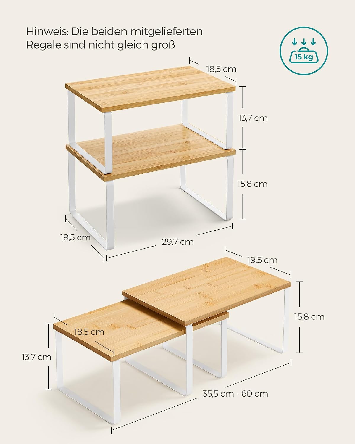 SONGMICS Gewürzregal, 2er Set Küchen-Organizer, Küchenregal, Schrank-Organizer Küche, erweiterbar, kleines Regal, stapelbar, Metall und Holzwerkstoff, wolkenweiß-naturbeige KCS02NW