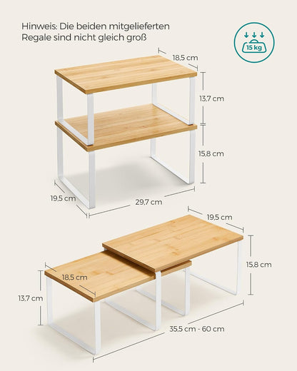SONGMICS Gewürzregal, 2er Set Küchen-Organizer, Küchenregal, Schrank-Organizer Küche, erweiterbar, kleines Regal, stapelbar, Metall und Holzwerkstoff, wolkenweiß-naturbeige KCS02NW