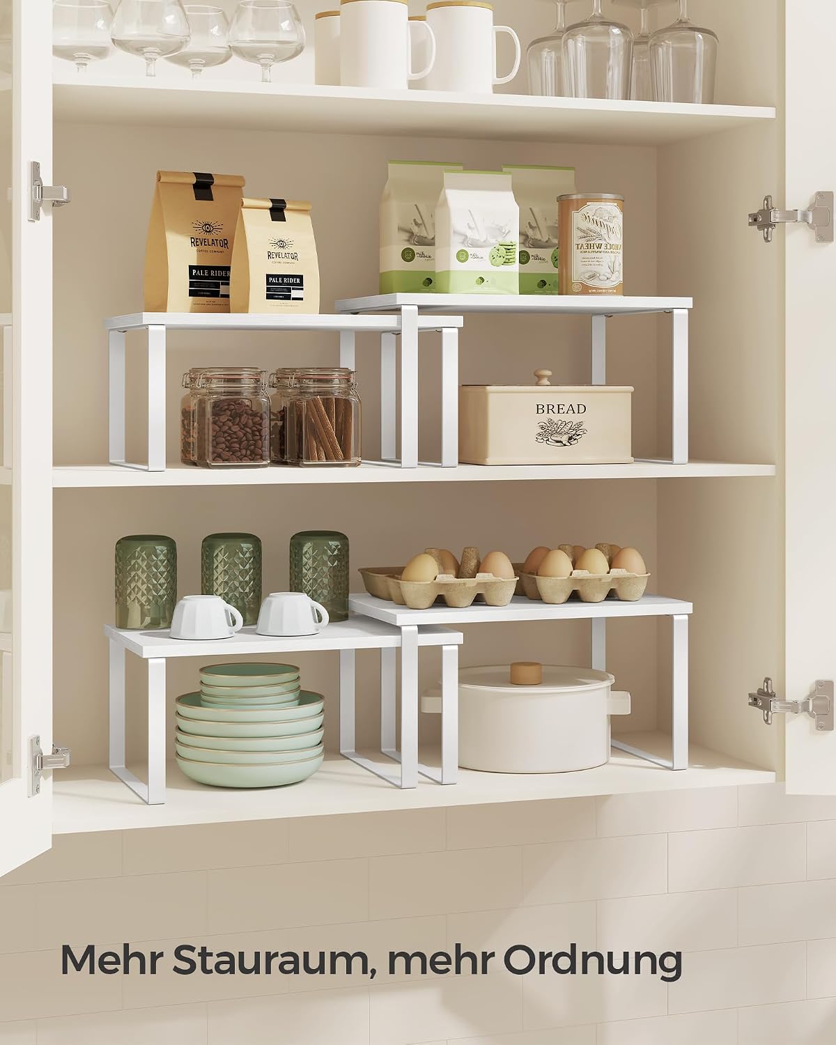 SONGMICS Gewürzregal, 2er Set Küchen-Organizer, Küchenregal, Schrank-Organizer Küche, erweiterbar, kleines Regal, stapelbar, Metall und Holzwerkstoff, wolkenweiß-schneeweiß KCS02W01