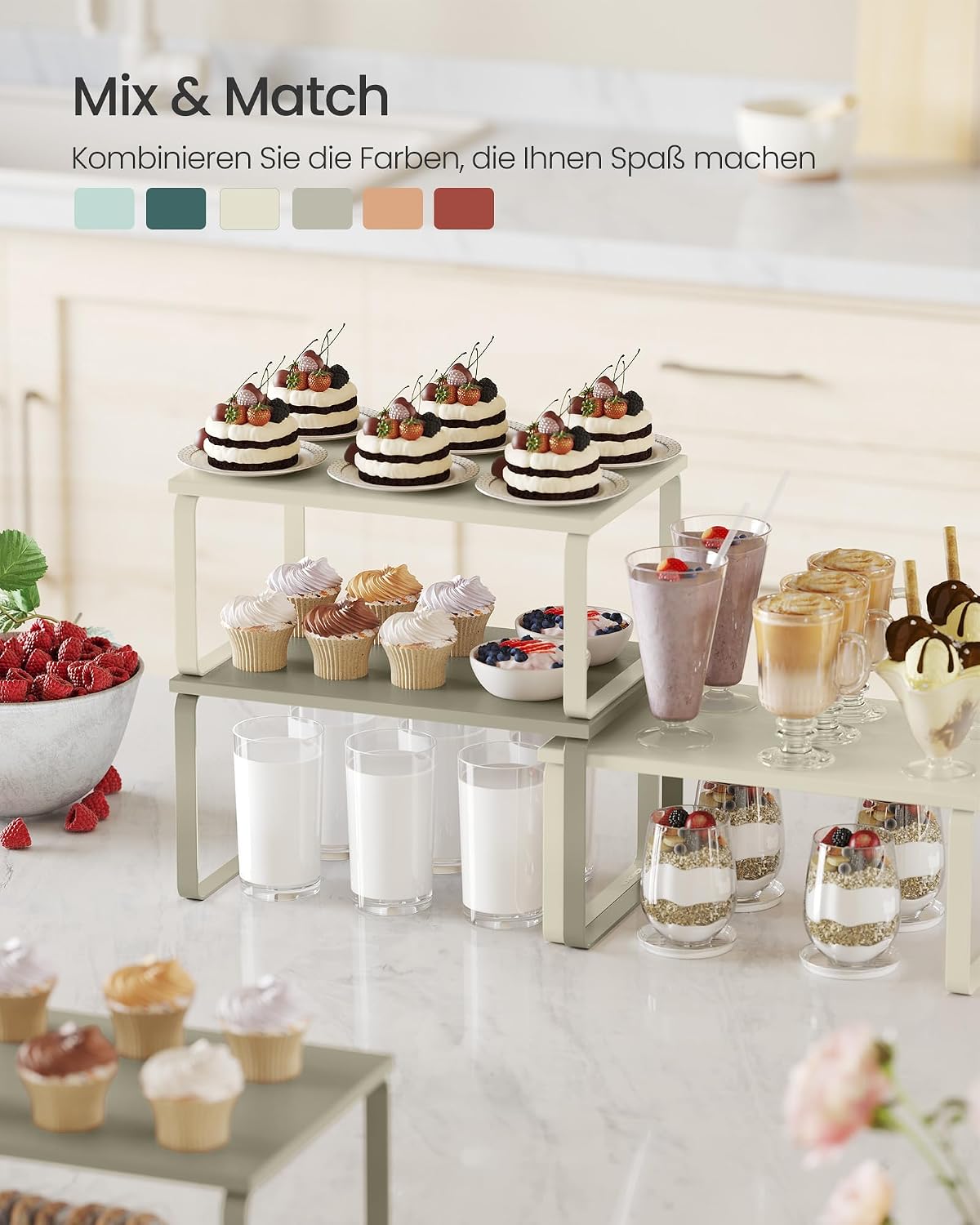 SONGMICS Gewürzregal, 2er Set Küchen-Organizer, Küchenregal, Schrank-Organizer Küche, erweiterbar, kleines Regal, stapelbar, Metall und Holzwerkstoff, cremeweiß KCS002W02