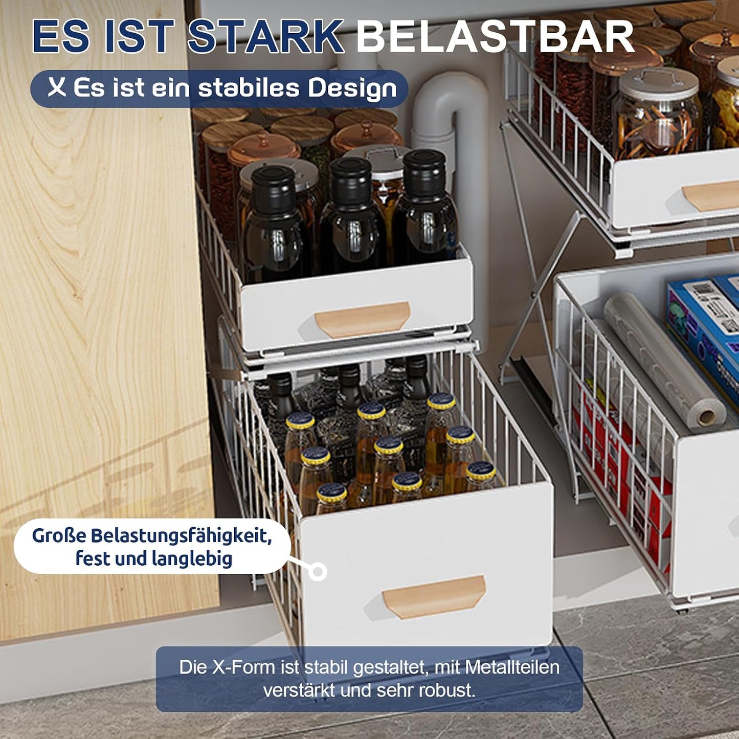 Gewürzregal aus Kohlenstoffstahl, 2 Etagen Standregal Arbeitsplatte Küche Organizer ohne Montage, Ausziehbar, Höhenverstellbar für Gewürze & Flaschen, Weiß